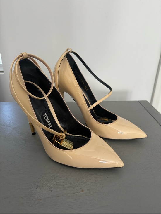 Tom Ford Shoes - Tom Ford Beige Patent Leather Pointed-Ankle Strap Pumps
